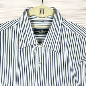 Salvatore Ferragamo Italy Cotton Button Down Shirt Light Blue Striped Neck 16,5